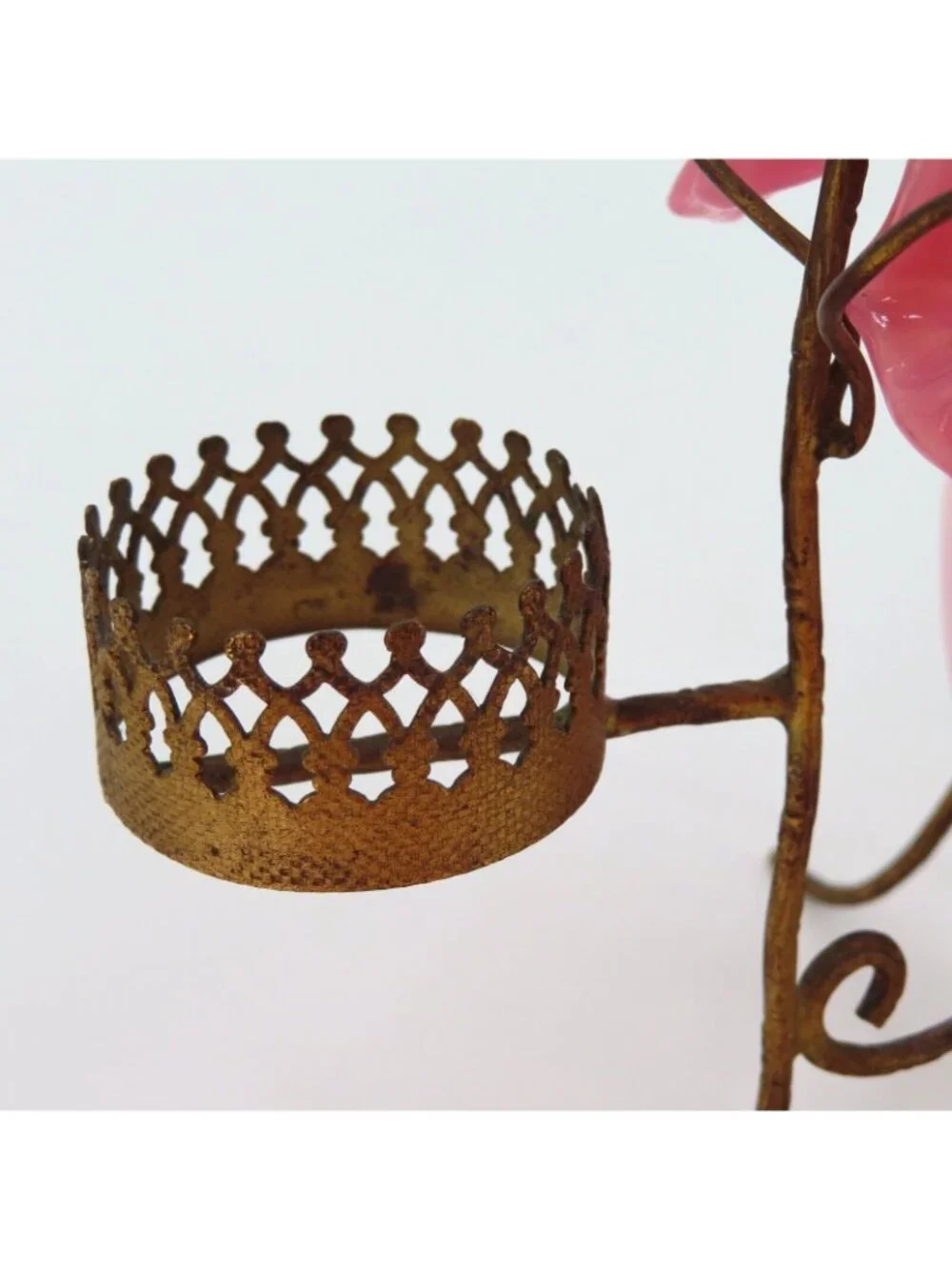 Antique French Gilt Pocket Watch Holder Vanity Pink Glass Bowl Bird Flowers
